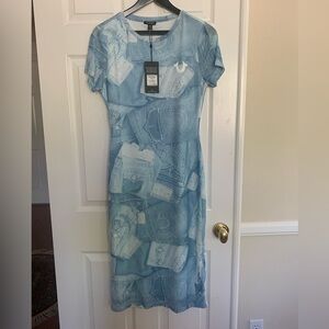 NWT True Religion Dress:  Blue Jeans Print Mesh, Midi, Bodycon Crewneck, Lined L